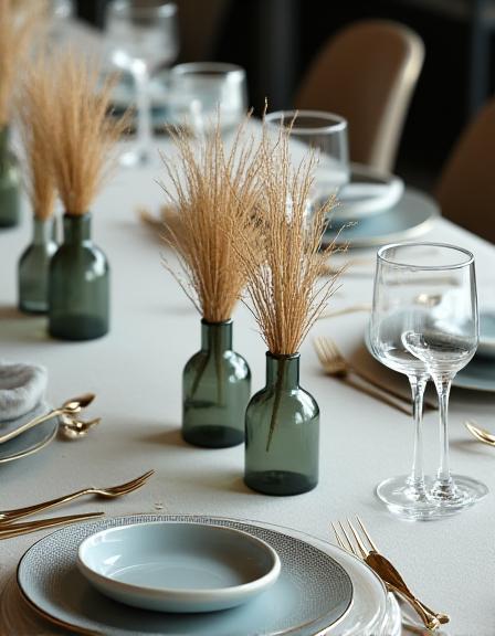 Modern corporate gala table setting with minimalist desert florals
