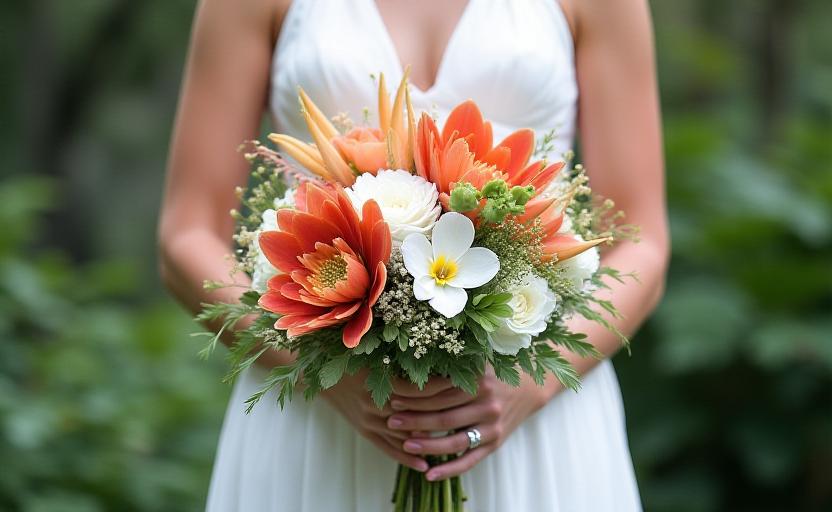 Tropical wedding bouquet against Singapore landscape